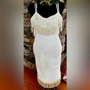 Fringe-Trim Ivory Bodycon Dress - Boho vibes Small